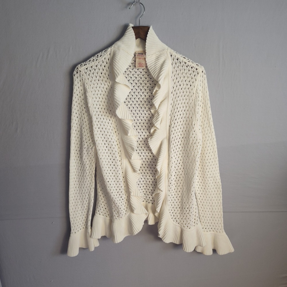 Faded Glory Cream Ruffle‎ Pointelle Crochet Open Front Cardigan Sweater Womens L